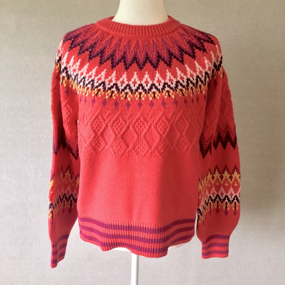 Sundance Raspberry Knit Fair Isle Wool Blend Pullover Sweater NWT Size XS